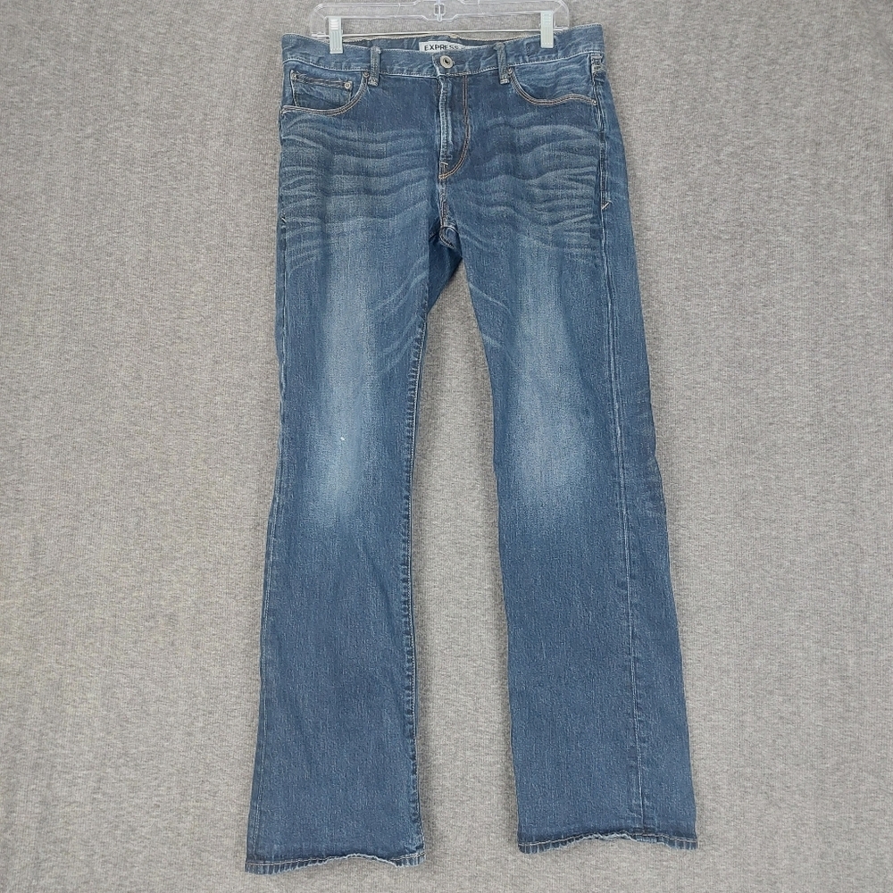 EXPRESS KINGSTON CLASSIC FIT BOOTCUT MENS BLUE JEAN DENIM PANTS SIZE 33×34